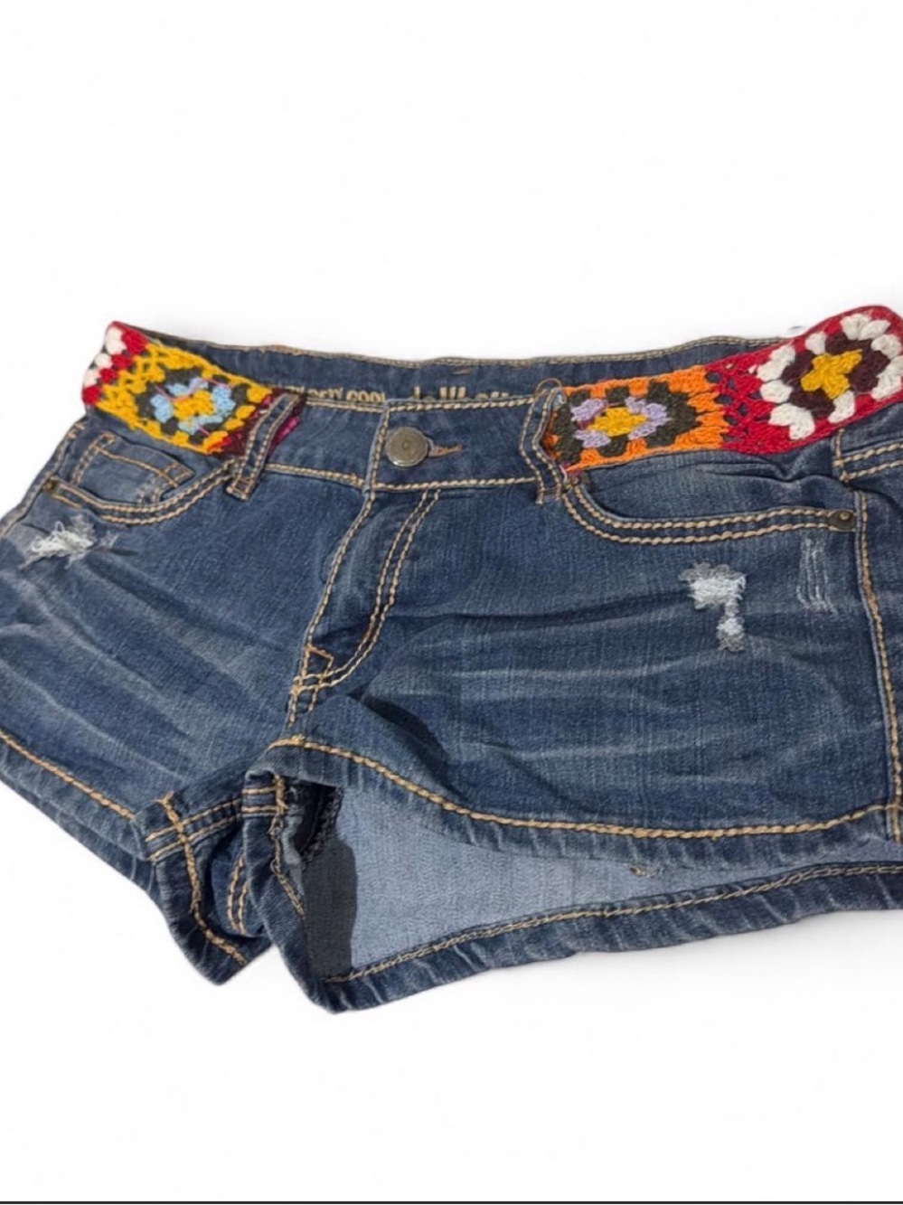 Women’s Dark Wash Denim Shorts with Multicolor Crochet Waistband